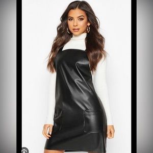 BOO HOO FAUX LEATHER PINAFORE DRESS